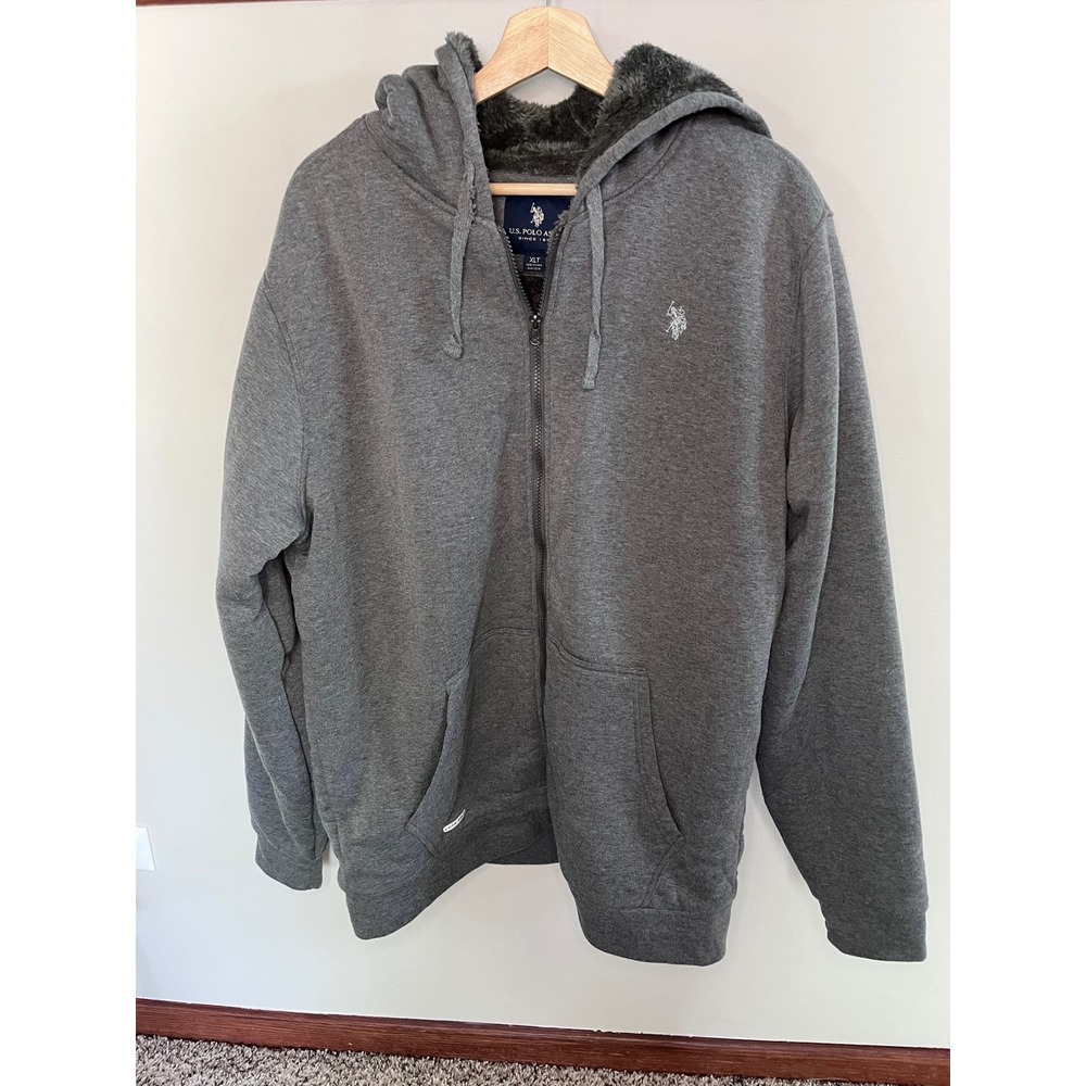 US Polo Assn Mens XLT Gray Faux Fur Lined Full Zip Hoodie Sweatshirt Tall XL